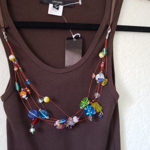 NWT Sweet Brown Tank Top W/ Front Beaded necklace